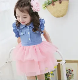 Girl Dresses Children's Dress Korean Single Breasted Denim Splice Gauze Flounced Sleeves Giils Princess