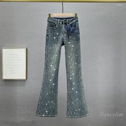 Women's Jeans Skinny Fleece For Women 2023 Winter Elastic High Waist Slimming European Rhinestone Bootcut Pants Flare Trousers