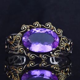 Bangles RUZZALLATI Vintage Tail Natural Amethyst Hollow Filigree Violet Pea Bracelet for Women Sier Color Jewelry