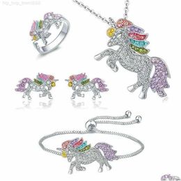 Necklace Bracelet Earrings Necklace Necklace Crystal Unicorn Jewellery Set Cute Rainbow Horse Gold Silver Colour Rings For Women Girls Gift Dr