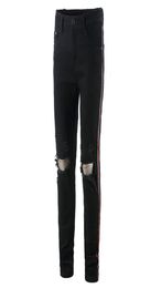 Mens Side Striped Black Jeans Elastic Long Pencil Pants Ripped Hiphop Style Holes1834242