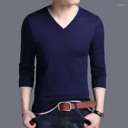 Men's Sweaters Knitted For Men Blue Solid Color Man Clothes V Neck Slim Fit Pullovers Plain High Quality Over Knit Tops