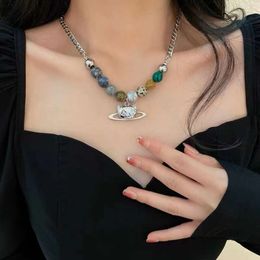 Viviennely Westwoodly Pendant Necklace for Women with High Design Sense Colorful Beaded Collar Chain Elegant Neck Chain Accessories