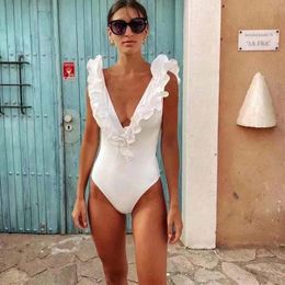 Wear New Sexy White Deep V Neck Ruffle Swimsuit Lady Halter Backless Monokini Thong One Piece Swimwear Women Swim Bath Suit 2022