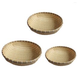 Dinnerware Sets 3 Pcs Durable Bamboo Tray Fruit Organiser Basket Storage Home Bread Holder Weaving Snack