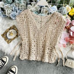 Waistcoats Spring Summer Crochet Top Knitted Vest Women Sleeveless Waistcoat Crop Top Bohemian Boho Beach Knit Vests Female Lace Up Shirt