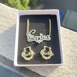 3UMeter Heart Zircon Custom Name Jewelry Set for Girls Mini Twist Hoop Earrings Cute Personality Letter Nameplate Necklace Gift 231229