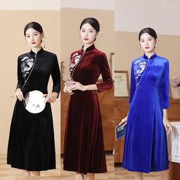 Ethnic Clothing Chinese Traditional Velour Qipao Dress Autumn Winter Women Velvet A-Line Cheongsam Lady Evening Party Gown