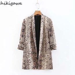 Pants Hikigawa Women Fashion Snake Skin Pattern Printing Blazers Casual Notched Long Sleeve Pockets Female Outerwear Chic Design Coats