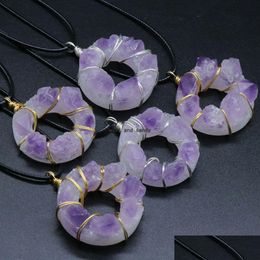 Pendant Necklaces Irregar Wire Wrapped Natural Stone Amethyst Necklace 35Mm Donut Healing Crystal Collar For Women Fashion Jewellery W Dh381