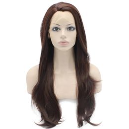 Wigs 24" #33 Auburn Silky Straight Heavy Density Heat Safe Fibre Lace Front Synthetic Hair Wig Free Parting Natural Wig With Skin Top