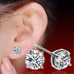 Top Quality Real 18K White Gold Plated Round Zirconia 4 Claw Stud Earrings for Men Women Shiny Diamond Earrings Wedding Jewelry Silver Plated Crystal Earrings 2024