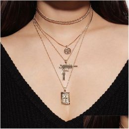 Pendant Necklaces Punk Mti Layers Flower Cross Gun Choker Necklace Women Gold Sier Color Metal Chain Boho Jewelry Party Summer Gifts Dhq25