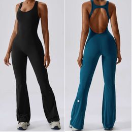 LL-201 Womens Jumpsuits One Piece Yoga Outfits Bell-bottoms Pants Sleeveless Close-fitting Dance Jumpsuit Exercise Long Breathable