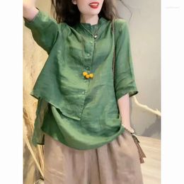 Women's Blouses Round Neck Pockets Cotton Linen Shirts Summer Retro Asymmetric Three Quarter Sleeve Loose Thin Cardigan Button Tops