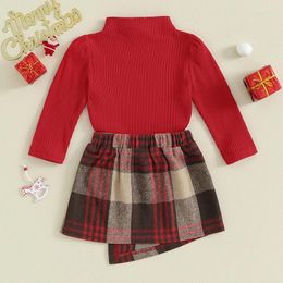 Clothing Sets Kids Girls Valentine S Day Skirt Set Long Sleeve Turtleneck T-shirt With Irregular Plaid 2-piece Outfit