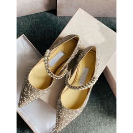 JC Jimmynessity Choo High Quality Shoes Flat Shoes Luxury Design Women Flats Baily Glitter Pumps Ankle Strap Strass Pointed Toe Outdoor Walking Pumps