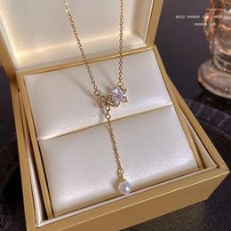 Pendant Necklaces Fashion Double Flower Tassl Necklace For Women Luxury Zircon Clavicle Chain Anniversary Gift Jewelry Wholesale