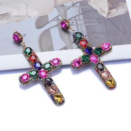 Dangle & Chandelier Long Retro Rhinestone Cross Earrings For Women Metal Colorful Crystal Drop Luxury Shiny JewelryDangle239e