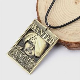 HSIC 8 Styles Anime One Piece Dog Tag Card Pendant 3D Zoro Ace Wanted Necklace Rope Chain Bronze Men Jewelry Collar2274