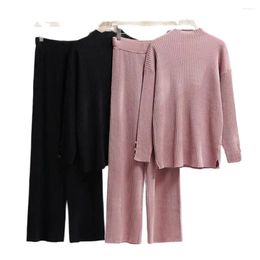 Women's Tracksuits Female Casual Knitted Suits Long Sleeves Pullover Wide Legs Pants Loose Home Wear Sweater Two Pieces Sets