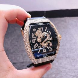 Wristwatches 2023 Fashion Watch Men Top Dragon Vintage Mens With Rhinestone Leather Full Diamond Tonneau Men's