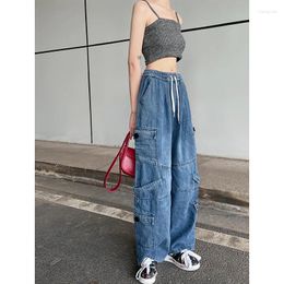 Women's Jeans American Vintage Blue Cargo Fashion High Waist Pocket Straight Pants Street Y2K Baggy Wide Leg Denim Trouser Winter