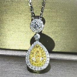 Super Deal Luxury Jewelry 925 Sterling Silver Yellow Topaz CZ Diamond Water Drop Pendant Pear Cut Zircon Women Clavicle Necklace G290D