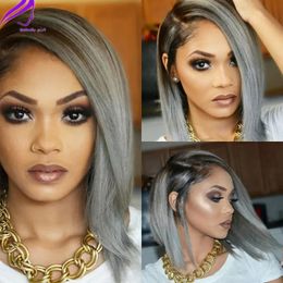 Wigs Side part Ombre Grey Short Bob wig Straight Synthetic Lace Front Wigs with bangs Heat Resistant Fibre Glueless For White Women