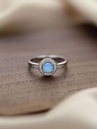 Cluster Rings 925 Silver Women's Ring Inlaid With Blue Oval Opal And Small Shining Zircon Sweet Romantic Style For Dinner Party