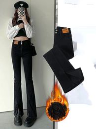 Women's Jeans Skinny Split Flare Korean Fashion Velvet Womens Denim Trouser Casual Warm High Waist Fleece Vaqueros Thick Oversize Z142