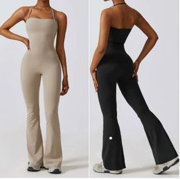 LL-8001 Womens Bodysuit Jumpsuits Yoga Outfits Sleeveless Close-fitting Dance One Piece Jumpsuit Long Pants Fast Dry Breathable Bell-bottoms