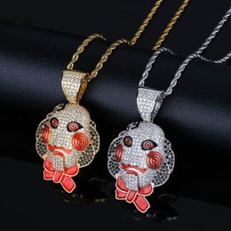 69 Saw Doll Head Mask Pendant Necklace Iced Out Cubic Zircon Hip Hop Gold Silver Colour Men Women Charms Chain Jewelry257y