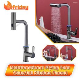 Bathroom Sink Faucets Waterfall Temperature Sensor Digital Display Kitchen Faucet Pull Out Stream Sprayer Cold Water Mixer Tap For