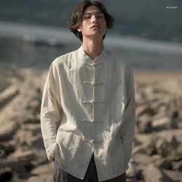 Ethnic Clothing Beige Hanfu Male Disc Buckle Tang Suit Chinese Style Long Sleeve Cotton Stand Collar Loose Tai Chi Youth Shirt