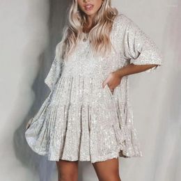 Casual Dresses Loose Dress Attractive Solid Color Elegant Fashion Shining Sequins Oversized Shift Female Clothing