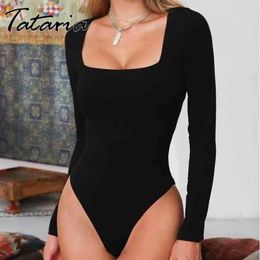 Rompers Black Bodysuit Sexy Long Sleeve Women Body Streetwear Drop Forefair Bodycon Square Neck Basic White Top Female 210514