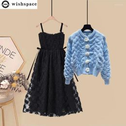 Work Dresses Korean Winter Style Plush Pleated Knitted Sweater Jacket Lace Strap Dress Two Piece Elegant Women Party