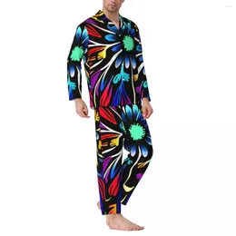 Men's Sleepwear Pyjamas Mens Floral Hawaiian Home Nightwear Colourful Flower 2 Piece Casual Pyjama Sets Long-Sleeve Kawaii Oversized Suit