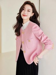 Women's Suits Elegant Women Jacket Coat Pink Beige Black Single Breasted Autumn Winter Office Ladies Blazer O-Neck Temperament Female