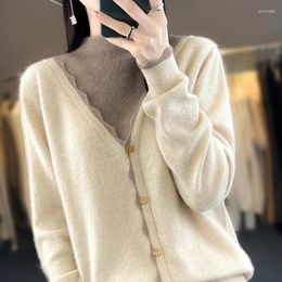 Women's Sweaters 23 Autumn And Winter 100 Pure Cashmere Cardigan V Collar Lace Colorblock All-matching Coat Sweater Wool Knitted Top