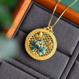 Natural Hetian Jade Necklace Female 14k Yellow Gold Clavicle Chain Vintage Chinese Style Lotus round Plate Pendant Female Jade