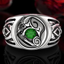 S925 Sterling Silver Celtic Knot Wolf Ring Fashion Vintage Viking Animal Jewellery Wedding Engagement Emerald Diamond Nordic Wolf Pa2599