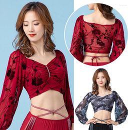 Stage Wear French Square Collar Pleated Crop Tops Sexy Perspective Belly Dance Costume Oriental Long Sleeve Practice Shiny Black