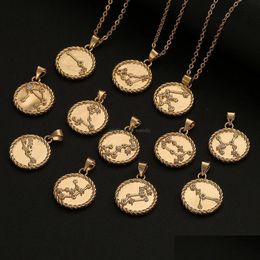 Pendant Necklaces Twee Zodiac Sign Necklace Gold Chain Copper Libra Crystal Coin Pendants Charm Star Choker Astrology For Women Fash Dhlt7