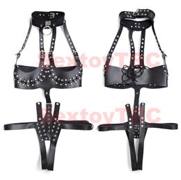 Sexy Open Crotch Breast Body Harness Crotchless Dominatrix Costume Faux Leather Black Studded BDSM Bondage Corset Straps for Femal8225700