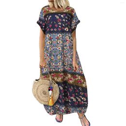 Casual Dresses Women Dress Summer Short Sleeve Printed Holiday Bohemian Loose Maxi Female Clothes Pockets Cotton