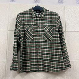 Men's Casual Shirts Vintage REP Embroidery Green Plaid Shirt High Street Loose Pocket Women's Long Sleeve Top