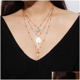 Pendant Necklaces Fashion Sier Gold Beads Sequins Mtilayer Necklace Metal Cross Chokers For Women Jewelry Will And Sandy Drop Delive Dha31