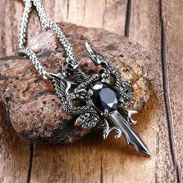 Pendant Necklaces European And American Fashion Creative Personality Hip-hop Double Dragon Sword Black Gemstone Men's Retro Necklace